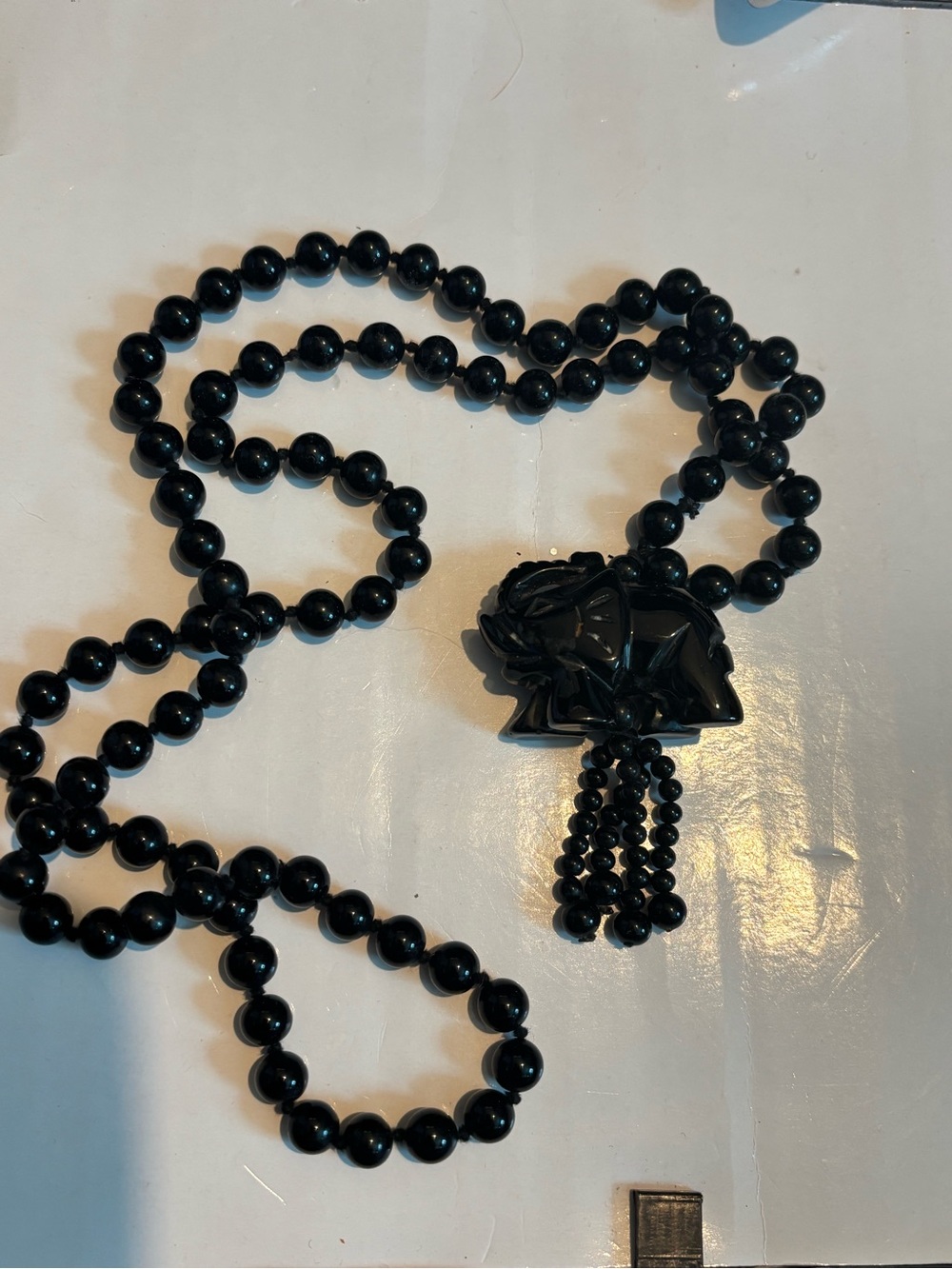 Unique Vintage real genuine black onyx Beaded hand knotted with pendant necklace